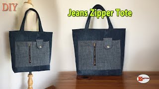 DIY JEANS ZIPPER TOTE | TOTE BAG | DIY BAG OUT OF OLD JEANS | JEANS BAG SEWING TUTORIAL