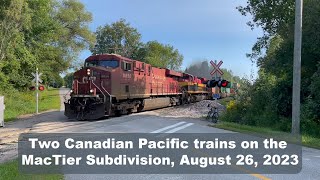 Two Canadian Pacific trains on the Mactier Subdivision near Coldwater, Ontario, August 26, 2023