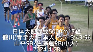 『鶴川(青学大)日本人トップ/山平SB･佐藤蓮PB(中大)』日体大記録会 5000m17組   2024.4.28