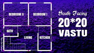 20'×20' Vastu South Facing 2BHK  Tiny House Plan • Dimensions Detailed