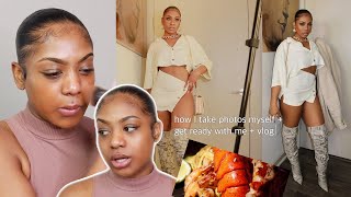 HOW I TAKE INSTAGRAM PICTURES AT HOME!!! Sleek Bun Natural Hair + Matte Bronzed Makeup GRWM+ VLOG