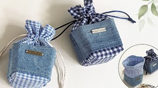 DIY Cute Small Denim and Printed Fabric No Zipper Bag Out of Old Jeans Fabric Remnants | Upcycle