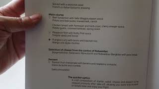 Menu for Business Class on Swissair