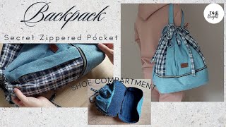 DIY Backpack Sewing: Hidden Pocket & Shoe Compartment. How to make Drawstring Backpack.