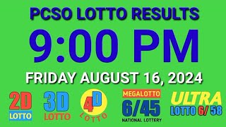 9pm Lotto Results Today August 16, 2024 ez2 swertres 2d 3d pcso