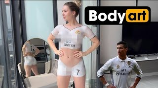 [4K Kate Leksa]⚽️C.Ronaldo Real Madrid uniform | Try On Haul Bodyart Transparent See Through