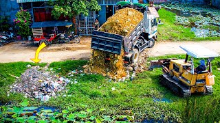 Start a New Project! Landfill in flooded area by Bulldozer D20P KOMATSU & Dump Truck Pushing Stone