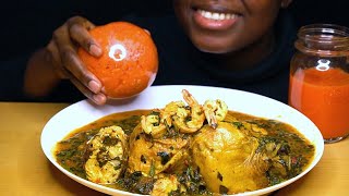 ASMR FUFU MUKBANG | Carrot Fufu and Spinach soup with whole chicken, shrimps & mackerel fish 🐟 😋