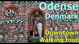 Odense, Denmark, downtown walking tour. Many views with big optical zoom, 4K.