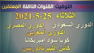 جدول مواعيد مباريات اليوم الثلاثاء 25-5-2021 والقنوات الناقلة والمعلقين بتوقيت القاهرة ومكة وجرينتش