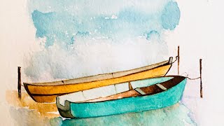 water color painting . boat painting on the pond