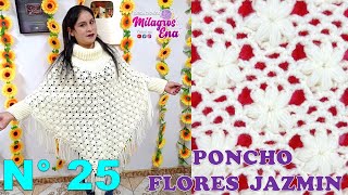 VIDEO COMPLETO de Como tejer el Poncho N° 25 a crochet en punto Jazmín con mangas y cuello en TALLAS