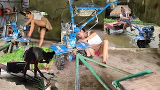 Genius girl helps repair a mini tractor