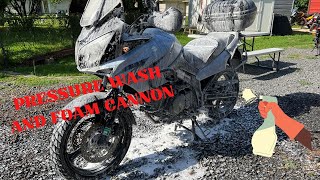 Using a FOAM CANNON and a PRESSURE WASHER to quickly CLEAN a Suzuki VSTROM 650