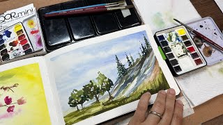 Watercolor Journal Day 109 (Mountains and trees landscape)