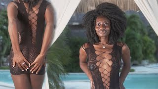 African Model, Mesh Mini Dress - Black, Try-On (Music legs tights and lingerie)