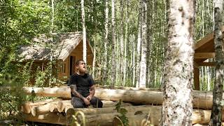 building off grid  log cabin , preparing timber logs for new big home