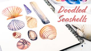 Paint a Seashell Composition with me | Simple Watercolour and Pen Doodles!