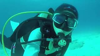 Female Diver is Diving with Neoprene Wetsuit in Sea