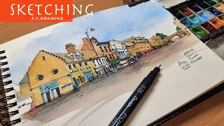 Easy Watercolor and Town Scenery, Street Houses Drawing