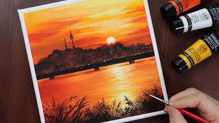 Sunset city(feat. Seoul Tower) / Landscape / Easy acrylic painting for beginners / PaintingTutorial