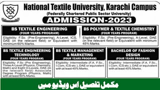 BS Program Karachi Admission 2023 National Textile University Textile Chemistry-Polymer-Design