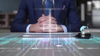 Businessman writing on hologram desk.