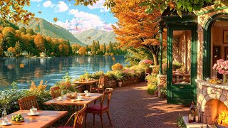 4K Cozy Autumn Outdoor Coffee Shop by the Lake: Smooth Jazz Music and Fireplace Sounds for Relax 🍂