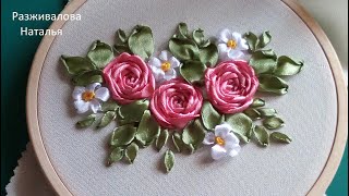 МК. Цветочная полянка с розами - паутинками. Flower meadow with roses. Embroidery with ribbons.