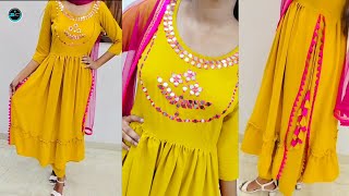 trendy gathering slite kurti/ new frock cutting stitching/chaak wali kurti /mirror embroidery/kurti