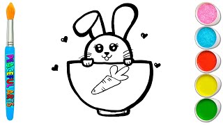 Cute Rabbit Inside Carrot Basket Drawing And Colouring - Peaceful Arts