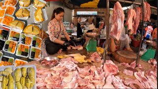 Cambodian alive Market with Fresh Routines Food Market- Khmer Desert, Durian, Fruits, Fish & more