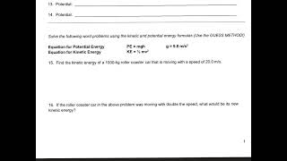 Potential and Kinetic Energy Worksheet #1 Homework Help #JayPhySci