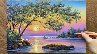 How to draw a sunset by the lake / Learn landscape painting.