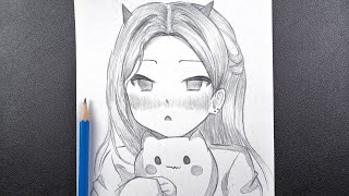 Draw Cute | how to Draw Anime Girl with cat step by step | tutorial Drawing