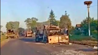 18+ Видео последствий удара HIMARS по колонне ВС РФ в селе Октябрьское Курской области (Рыльский рн)