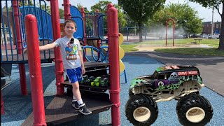 MONSTER TRUCKS PLAY AT THE PARK 🛝 Grave Digger Monster Trucks hunt