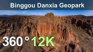 Binggou Danxia Geopark, China. Aerial 360 video in 12K