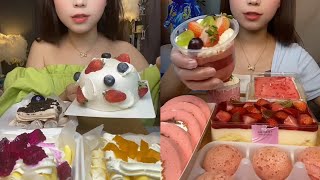 Asmr Eating Strawberry Cake,Mango Cake,Choco Cake,Mini Cream Bun,Eating Roll Cake Dessert Mukbang