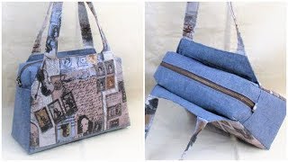 手提げバッグ作り方　How to make a Bag　裏地付き　マチあり　あおりポケット付き　ファスナーバッグ作り方