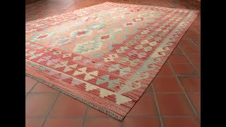 Handmade washed Afghan Kilim in soft pink, pale green and apricot tone 309220