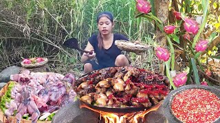 Pick dragon fruit Catch frog and egg for food - Egg spicy cooking with frog Eating in jungle