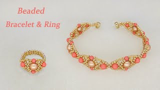 DIY Beaded Bracelet and Beaded Ring with Pearls and Gold Seed Beads. Beaded Jewelry Set手工串珠手链和戒指