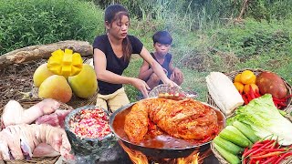 Special Pork legs soup spices recipe with green chili and eating for lunch in forest