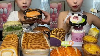 Asmr Eating Roll Cake,Taro Paste Cream Cake,Matcha Cake,Eating Mini Cake Dessert Mukbang