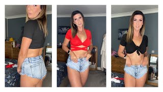 Denim Hotpants and Crop Top Try On 4K Clothes Try On Haul Mirror views 😉