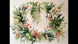 3 Colors! Simple HOLIDAY CARD Loose Watercolor Christmas Wreath  Watercolour Landscape Painting Demo