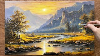 How to draw a mountain sunset landscape / Learn acrylic painting / Art painting.