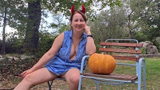 Halloween pumpkin. Preparing for Halloween. Mila naturist.