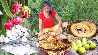 Survival in forest: Catch big fish and pick wild grapefruit - Fish lemon spicy delicious for dinner